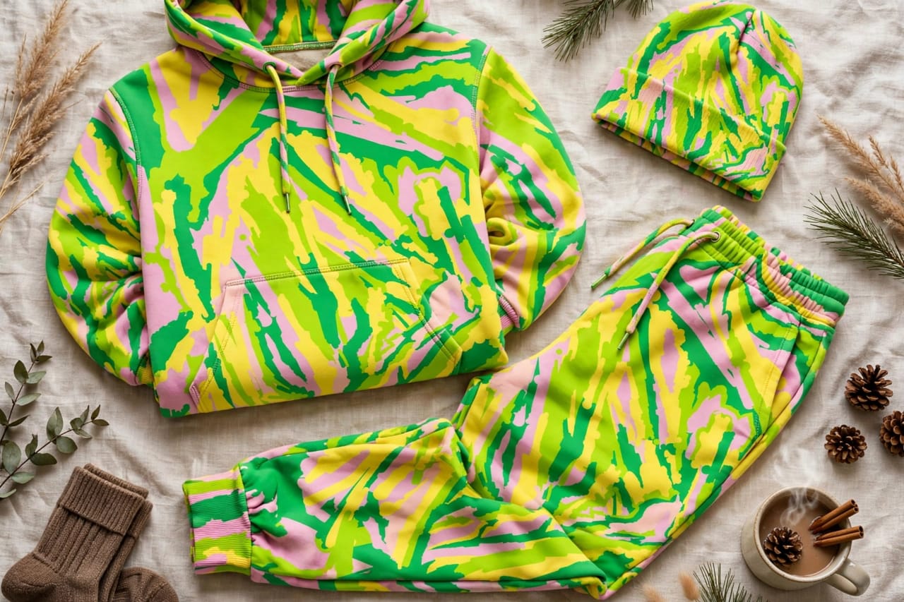 Layered casualwear featuring Elda’s green, pink and yellow print