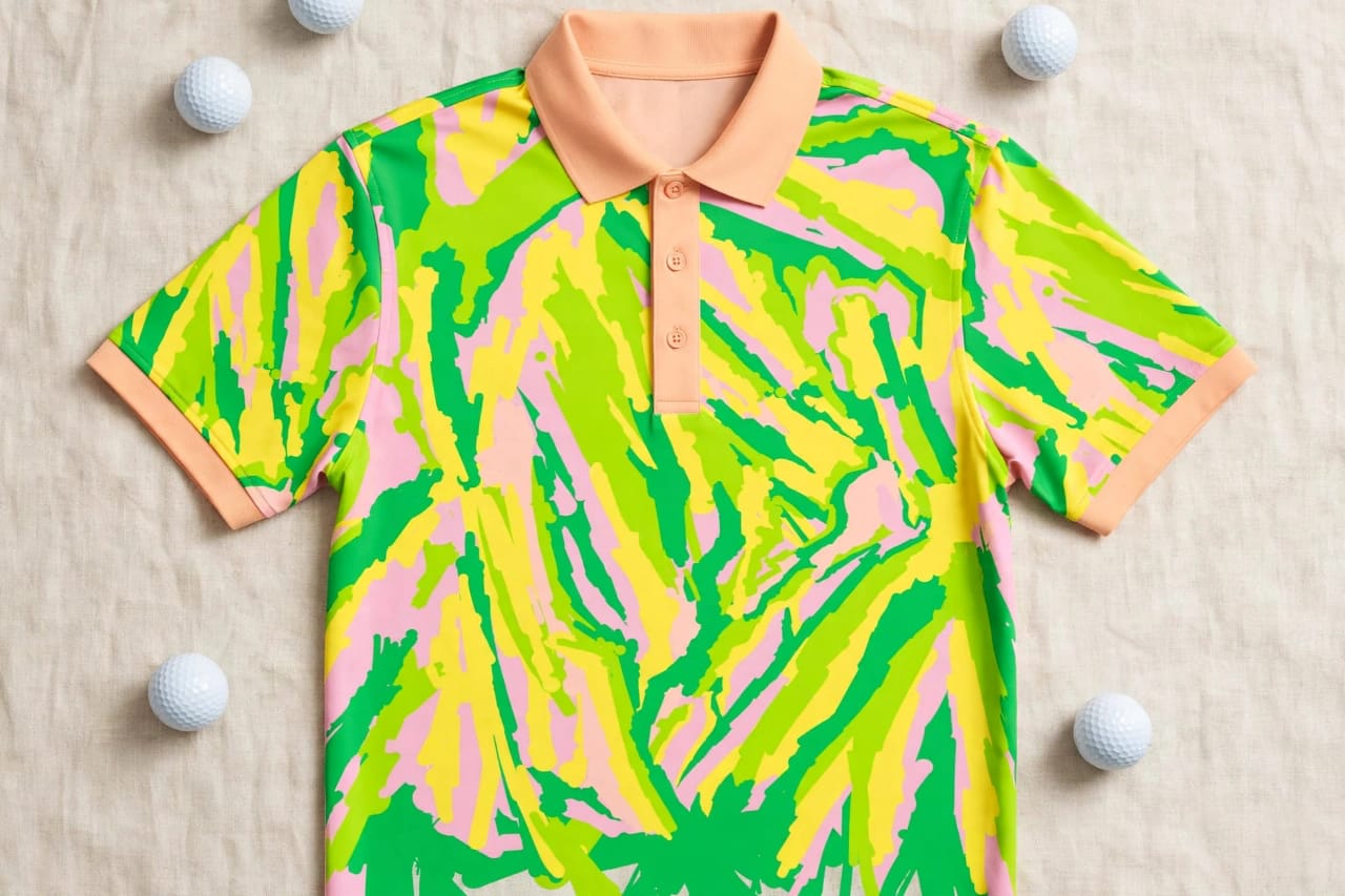 Abstract print polo shirt with a peach collar and sleeve trim